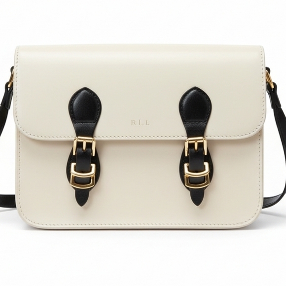 Lauren Ralph Lauren Handbags - Lauren Ralph Lauren Structured Leather Crossbody Satchel Cream & Black Gold Hard